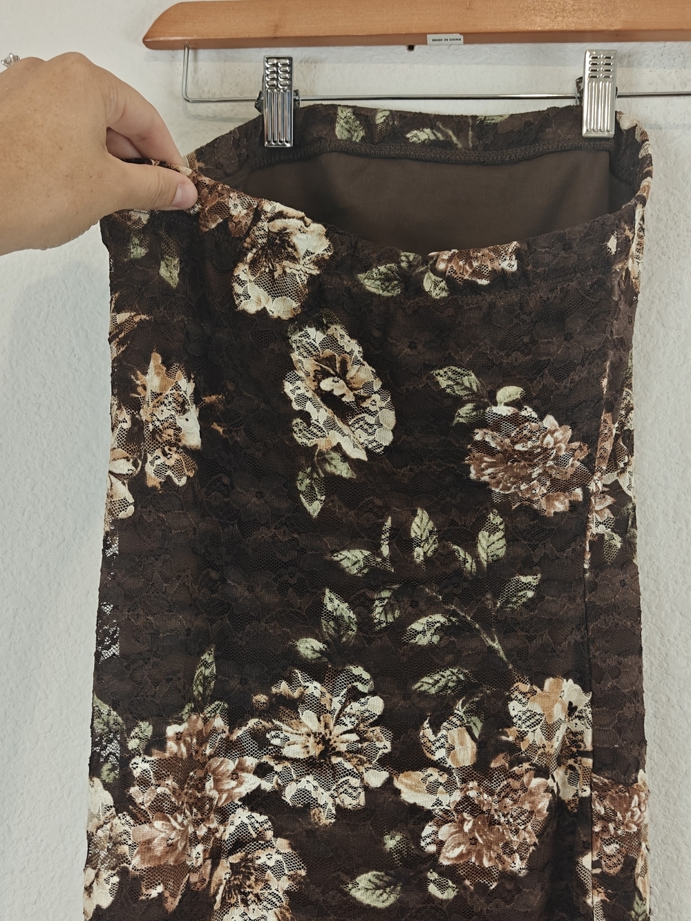 J for Justify Floral Lace Strapless Midi Dress Brown Romantic Ruffle Side Slit M - Picture 14 of 16